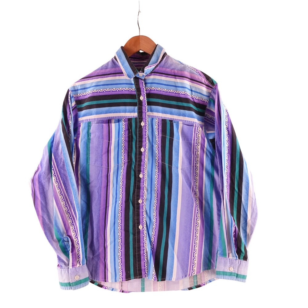 Vintage Wrangler Mens Large Aztec Southwest Stripe Button Down Shirt Purple Blue